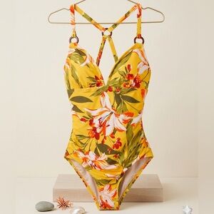 KONA SOL Boho Tropical Floral One Piece Swimsuit Yellow Hibiscus Print Small